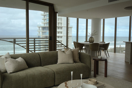 Luxury living room interior styled by Bungalow Home at FARO Broadbeach, a premium apartment development by 5Point Projects.