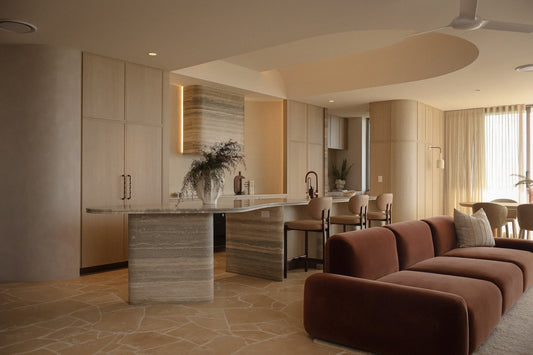 Luxury master bedroom with soft neutral coastal interior design Gold Coast Graya 